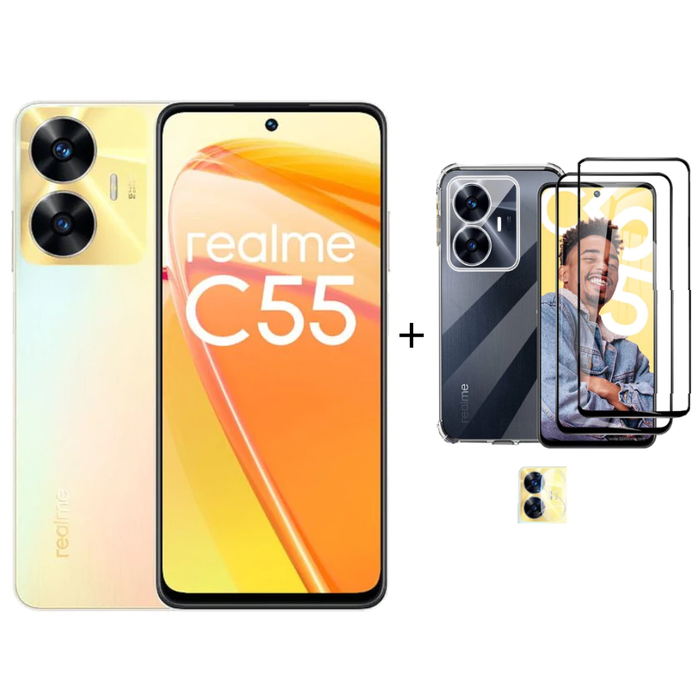 Realme C55 + Case, Camera Lens and Tempered Glass Screen Protector (256GB, Dual Sim, Sunshower, Special Import)